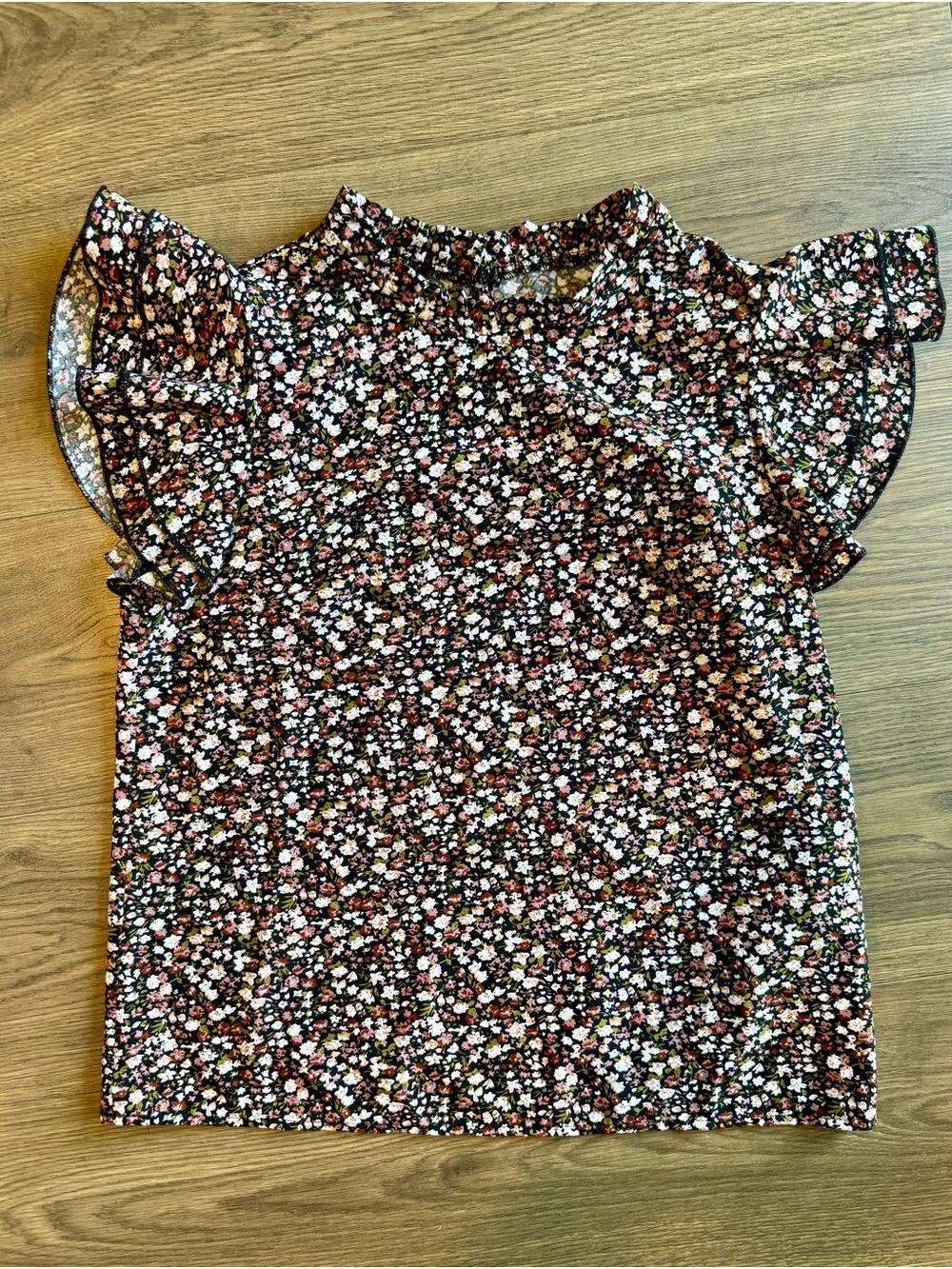 SHEIN Floral Ruffle Sleeve Top - Black with Pink & White Flowers
